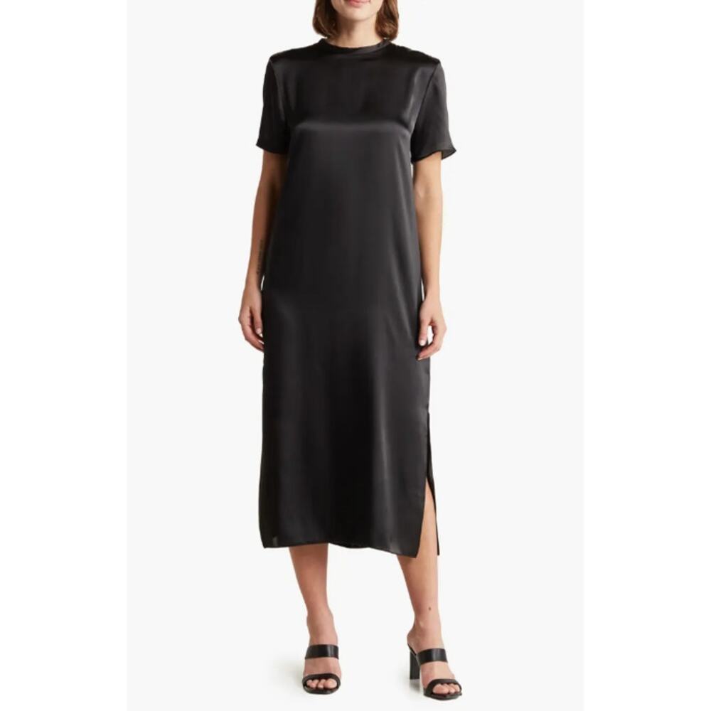 Tash and Sophie Satin Midi T-Shirt Dress Short Sleeve Side Slit Black Womens XS